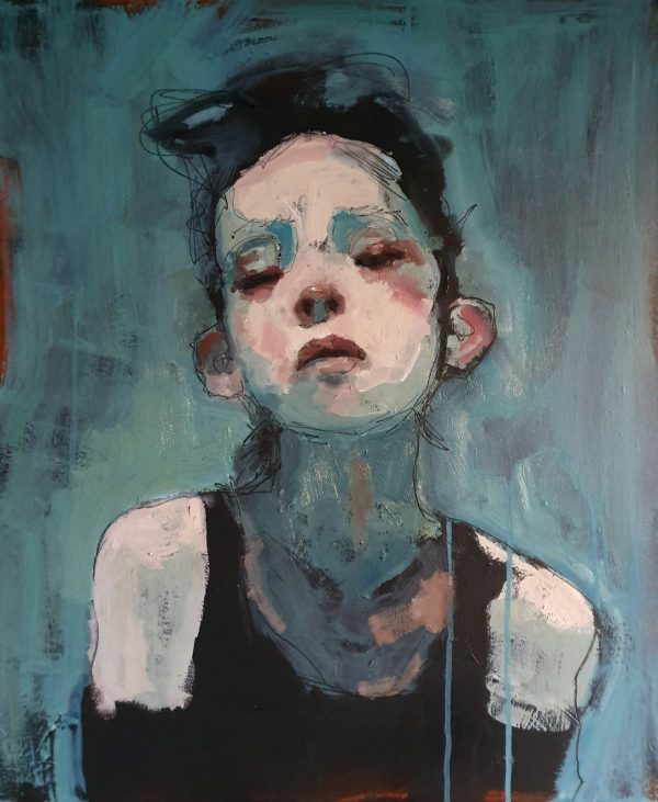 Figure with black tanktop on teal Background