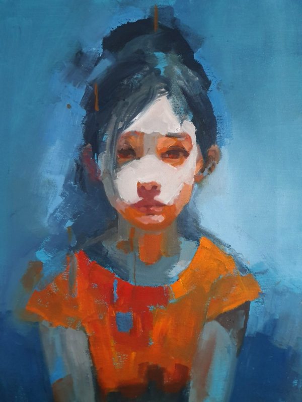 Girl in Orange on Blue Background